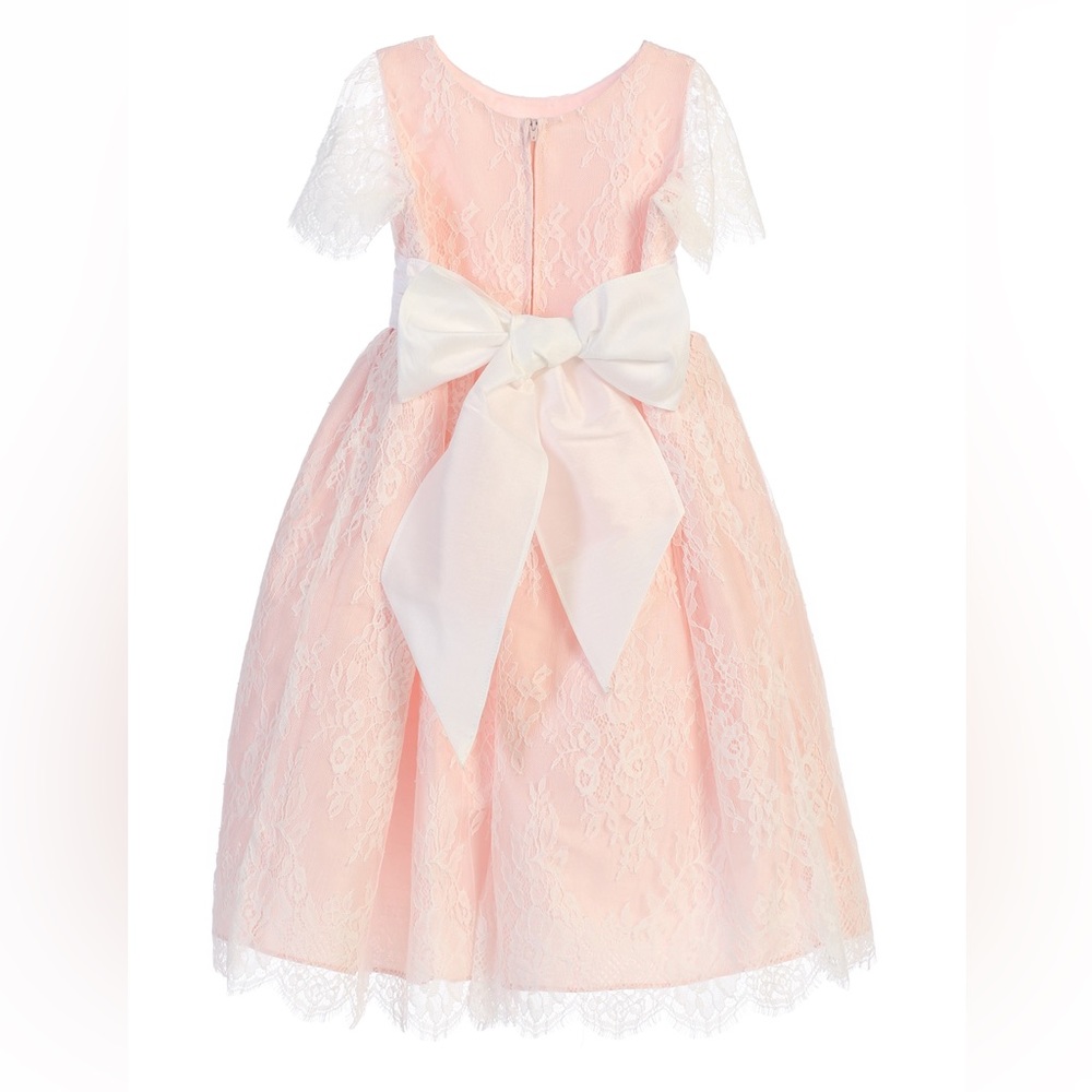 Sweet Kids Soft French Lace  with Dupioni Girls Dress SK724 Blush Color - Picture 2 of 13